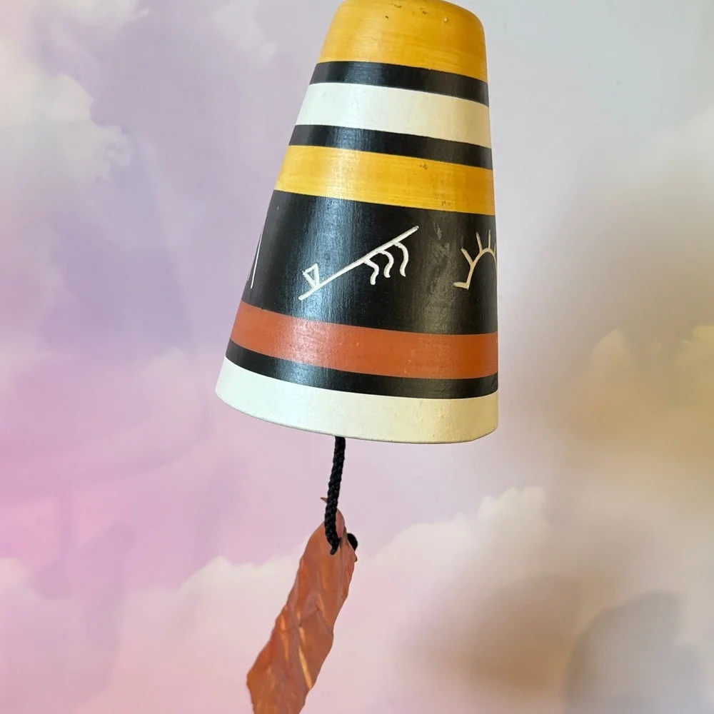 Native American Hand-Painted Ceramic Wind Bell w/ Cord & Copper Clapper
